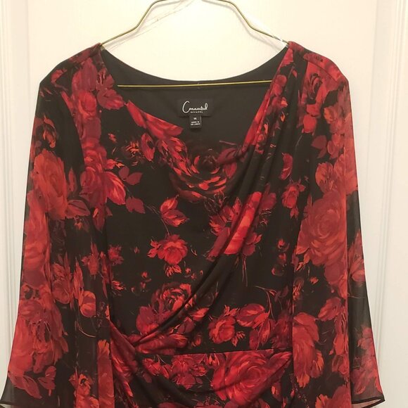 Black & Red Floral Georgette w/ Boat Neck & Cinch waist Knee length sheer sleeve - Picture 7 of 7